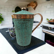 Load image into Gallery viewer, Set of One Copper Pitcher with Top and Two Tumblers, Hammered and Turquoise Patina
