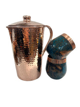 Load image into Gallery viewer, Set of One Shiny Hammered Copper Pitcher with Top and Two Blue Marbled Tumblers

