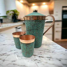 Load image into Gallery viewer, Set of One Copper Pitcher with Top and Two Tumblers, Hammered and Turquoise Patina
