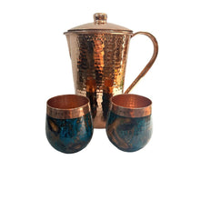 Load image into Gallery viewer, Set of One Shiny Hammered Copper Pitcher with Top and Two Blue Marbled Tumblers
