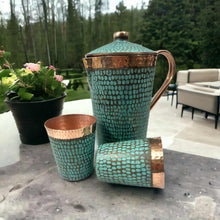 Load image into Gallery viewer, Set of One Copper Pitcher with Top and Two Tumblers, Hammered and Turquoise Patina
