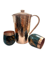 Load image into Gallery viewer, Set of One Shiny Hammered Copper Pitcher with Top and Two Blue Marbled Tumblers
