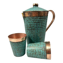 Load image into Gallery viewer, Set of One Copper Pitcher with Top and Two Tumblers, Hammered and Turquoise Patina
