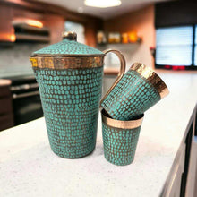 Load image into Gallery viewer, Set of One Copper Pitcher with Top and Two Tumblers, Hammered and Turquoise Patina
