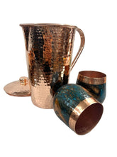 Load image into Gallery viewer, Set of One Shiny Hammered Copper Pitcher with Top and Two Blue Marbled Tumblers
