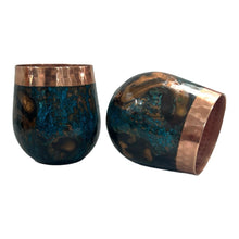 Load image into Gallery viewer, Set of One Shiny Hammered Copper Pitcher with Top and Two Blue Marbled Tumblers
