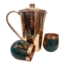 Load image into Gallery viewer, Set of One Shiny Hammered Copper Pitcher with Top and Two Blue Marbled Tumblers
