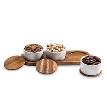 Load image into Gallery viewer, Condiment Serving Set  3 Ceramic Bowls with Lids  13&quot; x 3.75&quot;
