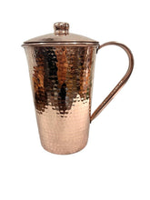 Load image into Gallery viewer, Set of One Shiny Hammered Copper Pitcher with Top and Two Blue Marbled Tumblers
