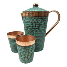 Load image into Gallery viewer, Set of One Copper Pitcher with Top and Two Tumblers, Hammered and Turquoise Patina

