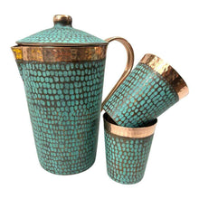 Load image into Gallery viewer, Set of One Copper Pitcher with Top and Two Tumblers, Hammered and Turquoise Patina
