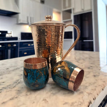 Load image into Gallery viewer, Set of One Shiny Hammered Copper Pitcher with Top and Two Blue Marbled Tumblers
