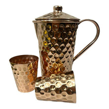 Load image into Gallery viewer, Set of One Copper Pitcher with Top and Two Tumblers, Deep Hammering and Shiny Finish
